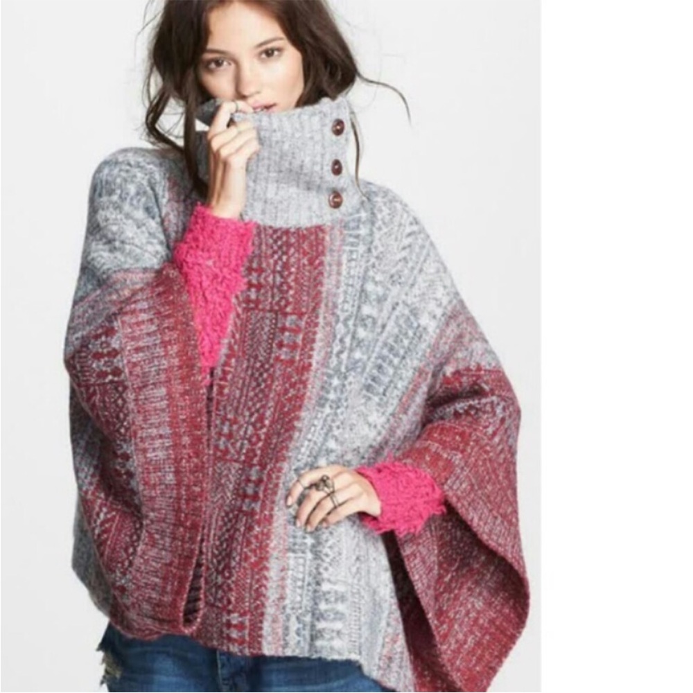 BOGO! Free People Willow Fair Isle Poncho Sweater Button Funnel Neck Size XS - Picture 3 of 10